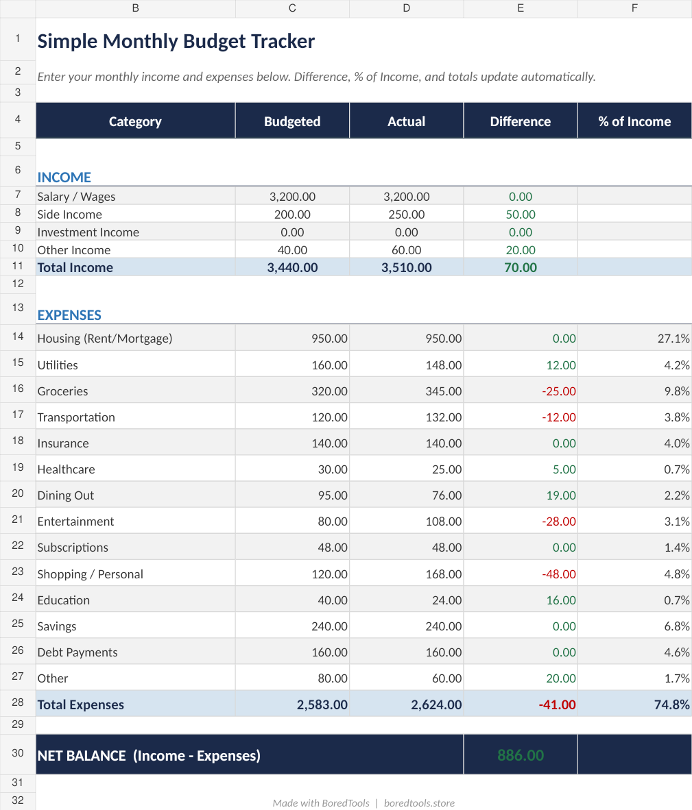 Monthly Budget with fictional example data from the September 2026 workbook