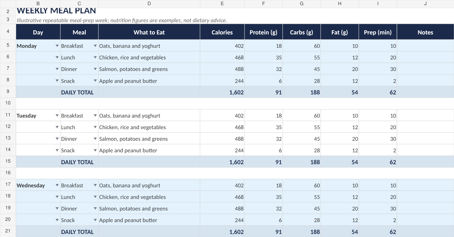 Weekly Meal Plan with fictional example data from the September 2026 workbook