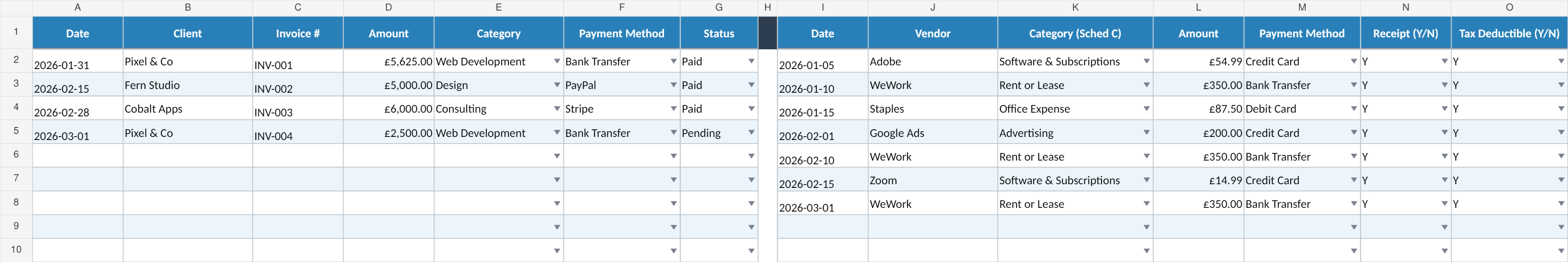 Income & Expense Log with fictional example data from the September 2026 workbook