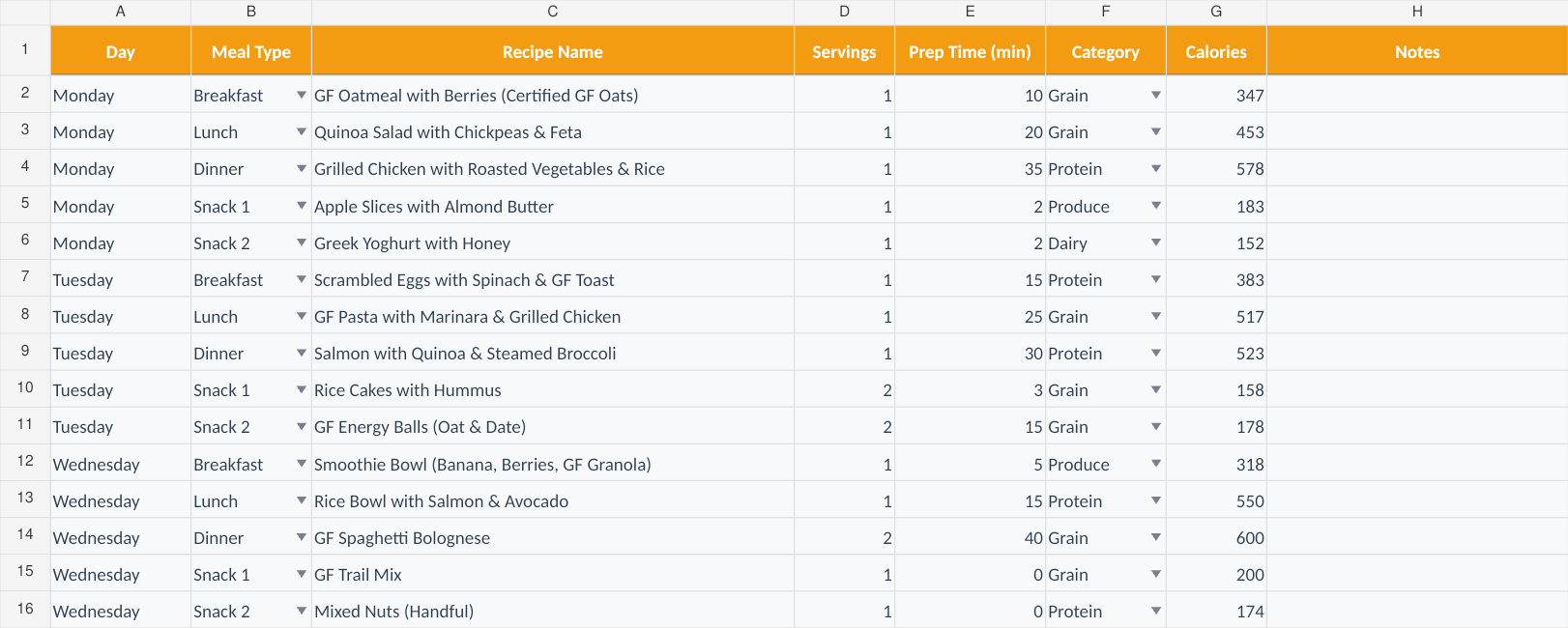 Weekly Meal Plan with fictional example data from the September 2026 workbook