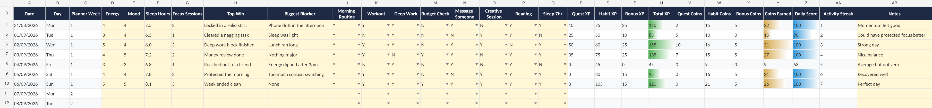 Daily Log with fictional example data from the September 2026 workbook
