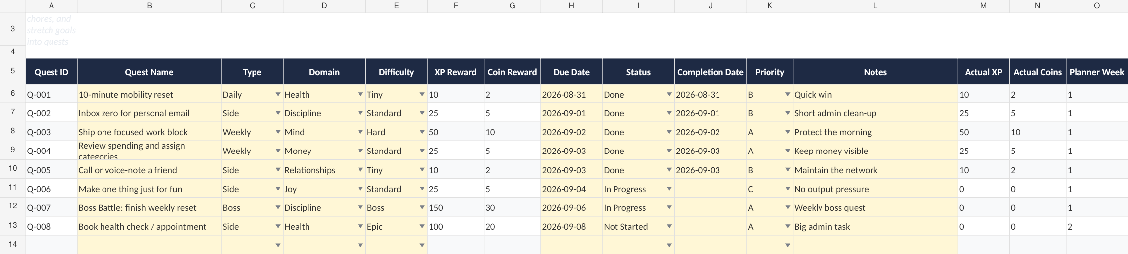 Quest Board with fictional example data from the September 2026 workbook