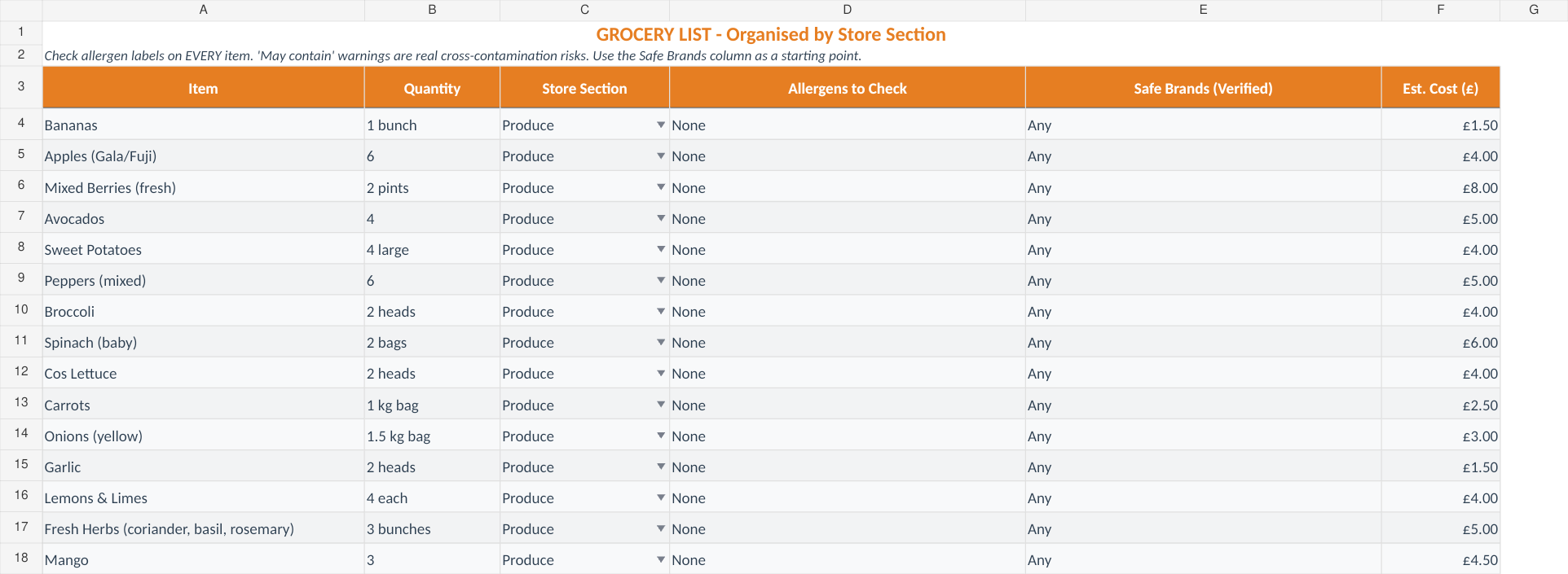 Grocery List with fictional example data from the September 2026 workbook