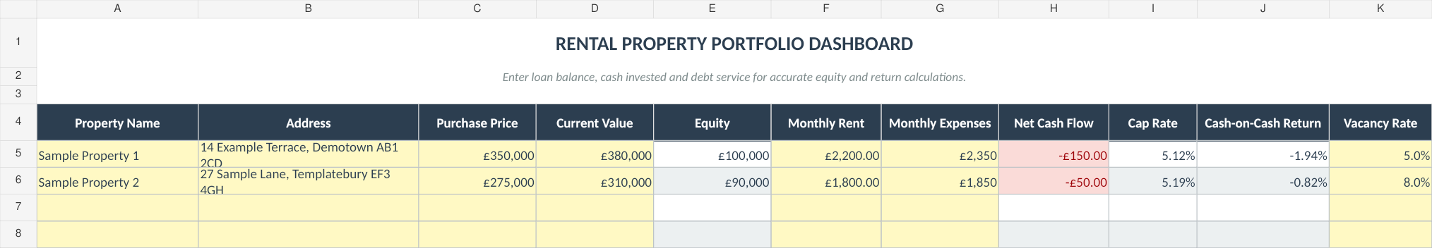 Portfolio Dashboard with fictional example data from the September 2026 workbook