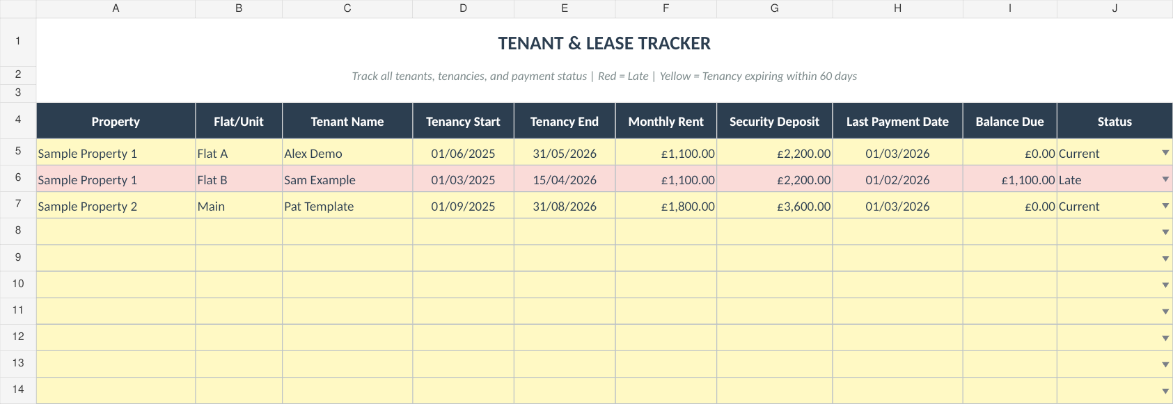 Tenant & Lease Tracker with fictional example data from the September 2026 workbook