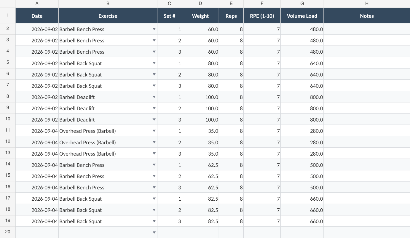 Workout Logger with fictional example data from the September 2026 workbook