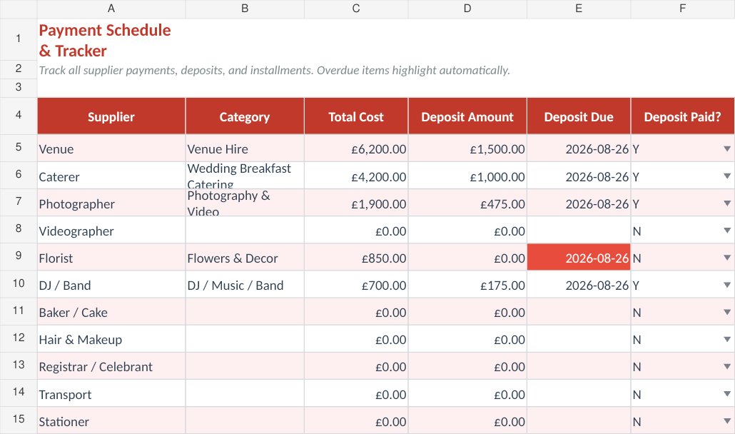 Payment Schedule with fictional example data from the September 2026 workbook