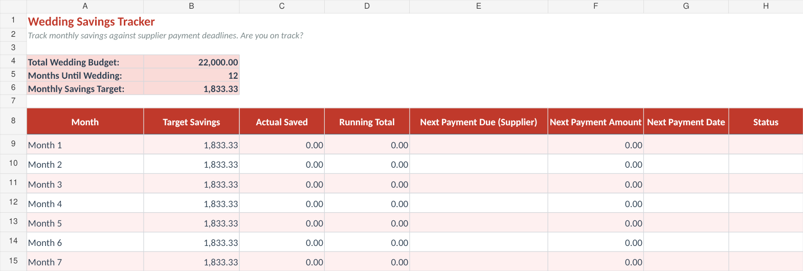 Savings Tracker with fictional example data from the September 2026 workbook